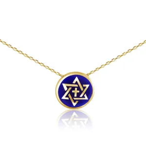 Gold Star of David & Cross Necklace - Israel Blue Enamel Unity Faith Pendant