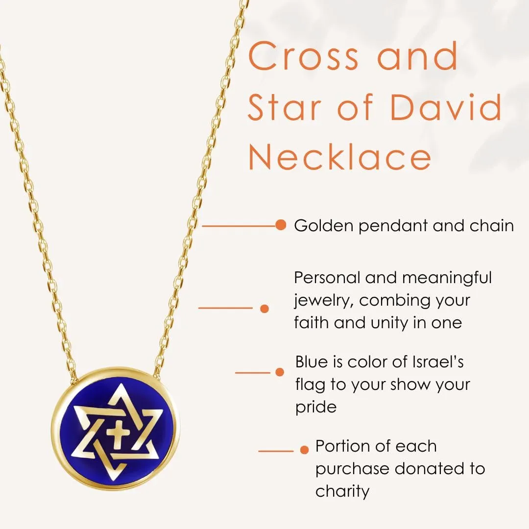 Gold Star of David & Cross Necklace - Israel Blue Enamel Unity Faith Pendant
