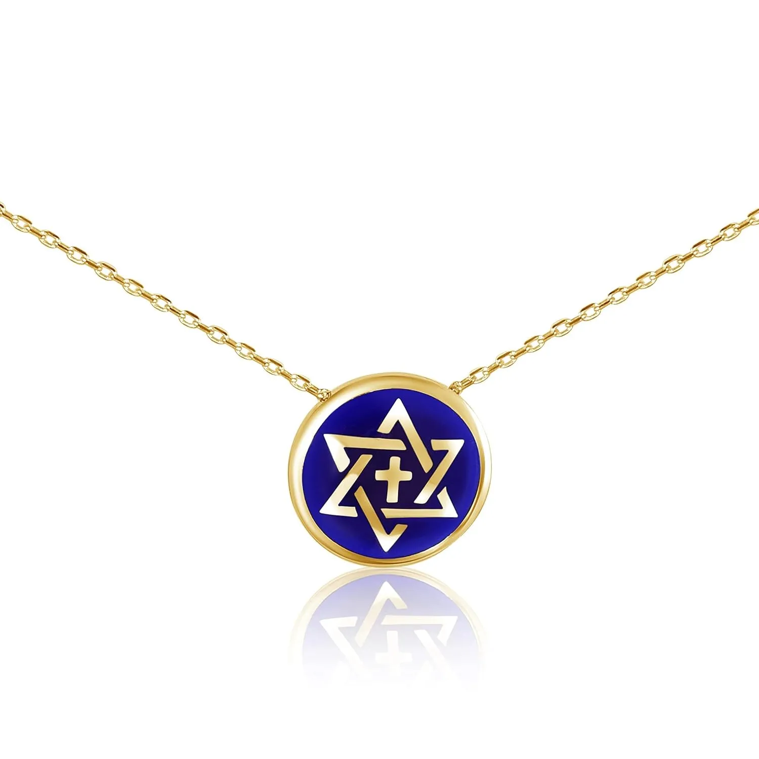Gold Star of David & Cross Necklace - Israel Blue Enamel Unity Faith Pendant
