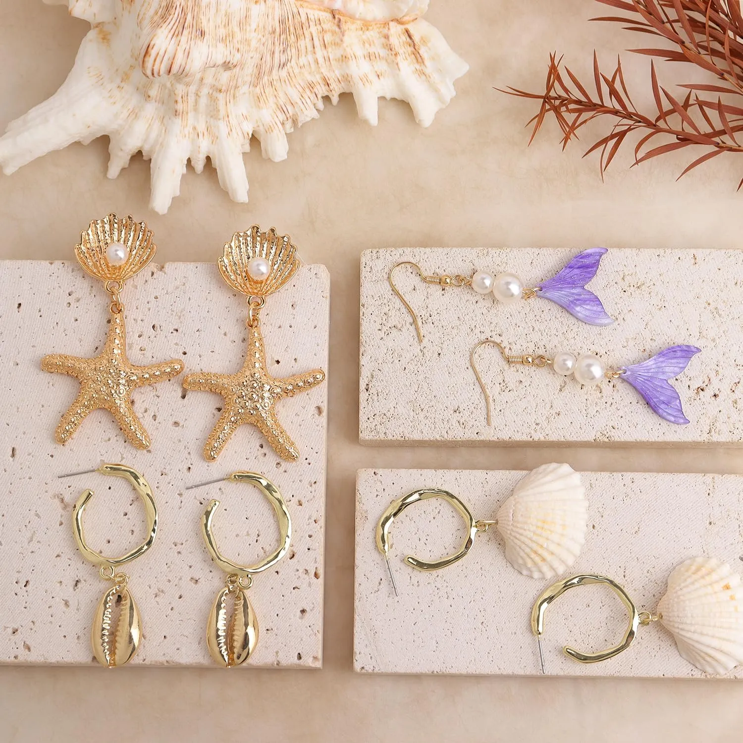 Gold Starfish Shell Cowrie Mermaid Dangle Earrings for Women, Trendy Statement Pearl Seashell Earing Dangling Summer Beach Jewelry Gift