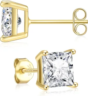 Gold Studs Earrings for Women, 2.0ct Cubic Zirconia Earrings Studs, 14K Gold Plated 925 Sterling Silver Princess Cut Earrings