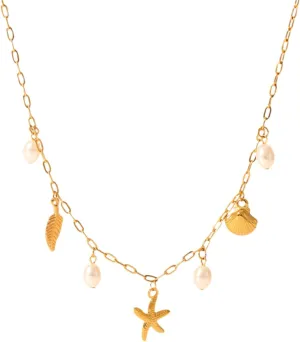 Gold Summer Charm Necklace for Women - Adjustable Beach Jewelry with Seashell, Starfish, Pearl & Plume Pendants, 16- 19 Layering Necklace for Vacation