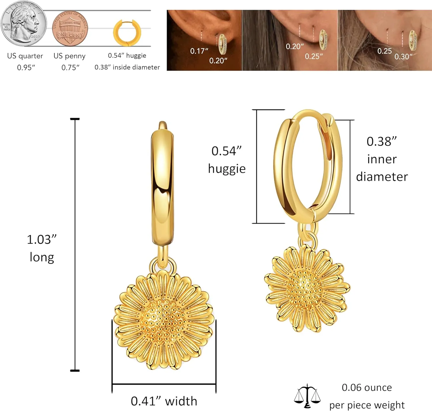 Gold Sunflower Starfish Pearl Leaf Dangle Small Hoop Earrings for Woman, Cute Rhinestone Drop Huggie Earing Beach Prom Fashion Jewelry Gifts