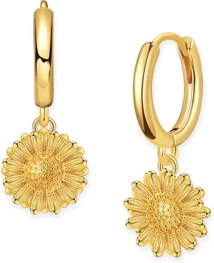 Gold Sunflower Starfish Pearl Leaf Dangle Small Hoop Earrings for Woman, Cute Rhinestone Drop Huggie Earing Beach Prom Fashion Jewelry Gifts