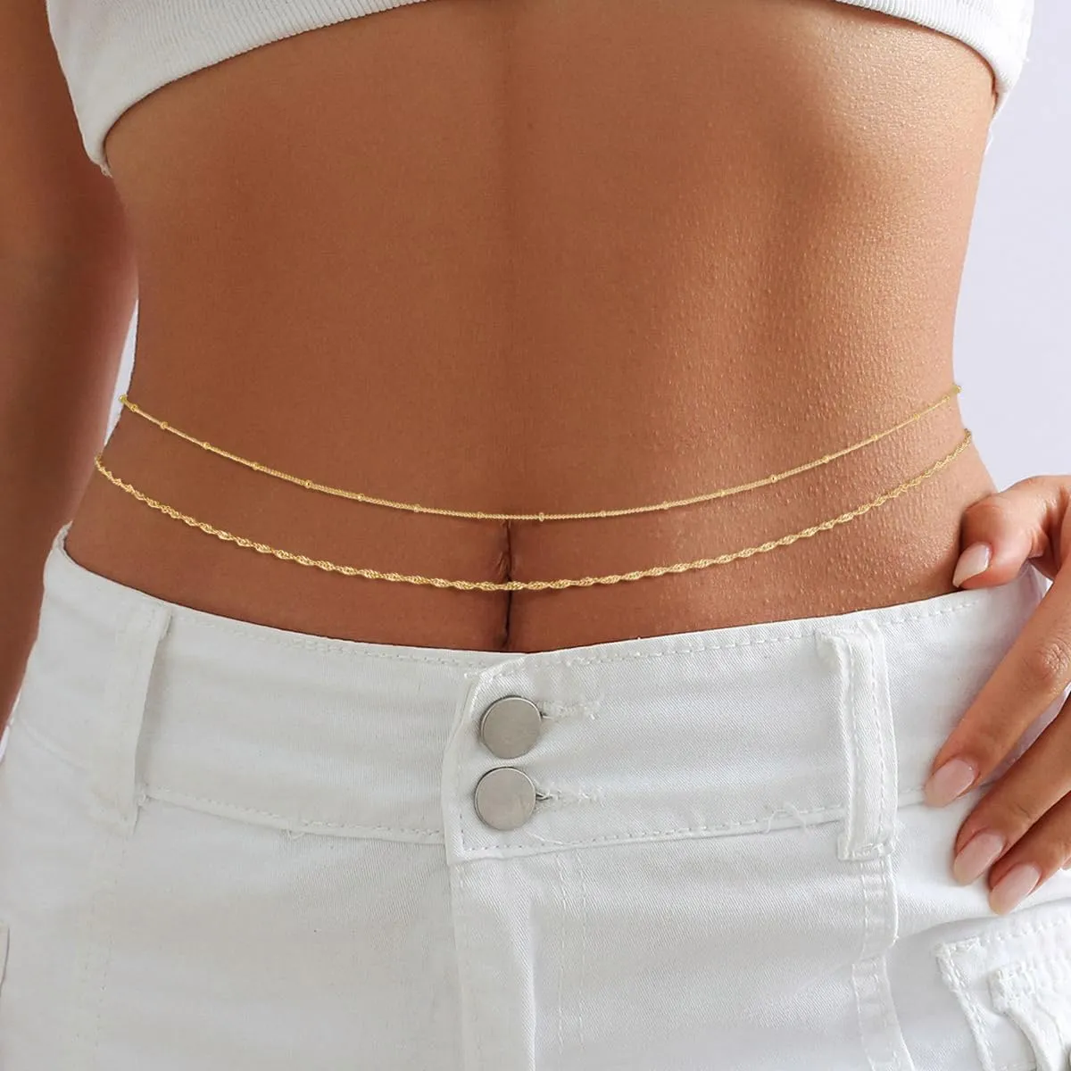 Gold Waist Chain for Women, 14K Gold/Silver Plated Layered Waist Beads Chain Adjustable Pearl Satellite Beads Belly Summer Non Tarnish Body Chain Jewelry Gifts for Women