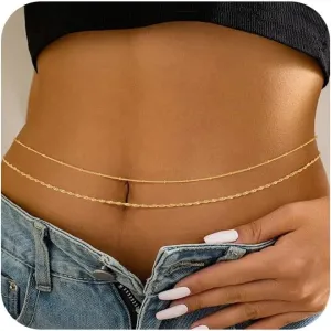 Gold Waist Chain for Women, 14K Gold/Silver Plated Layered Waist Beads Chain Adjustable Pearl Satellite Beads Belly Summer Non Tarnish Body Chain Jewelry Gifts for Women