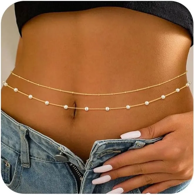 Gold Waist Chain for Women, 14K Gold/Silver Plated Layered Waist Beads Chain Adjustable Pearl Satellite Beads Belly Summer Non Tarnish Body Chain Jewelry Gifts for Women
