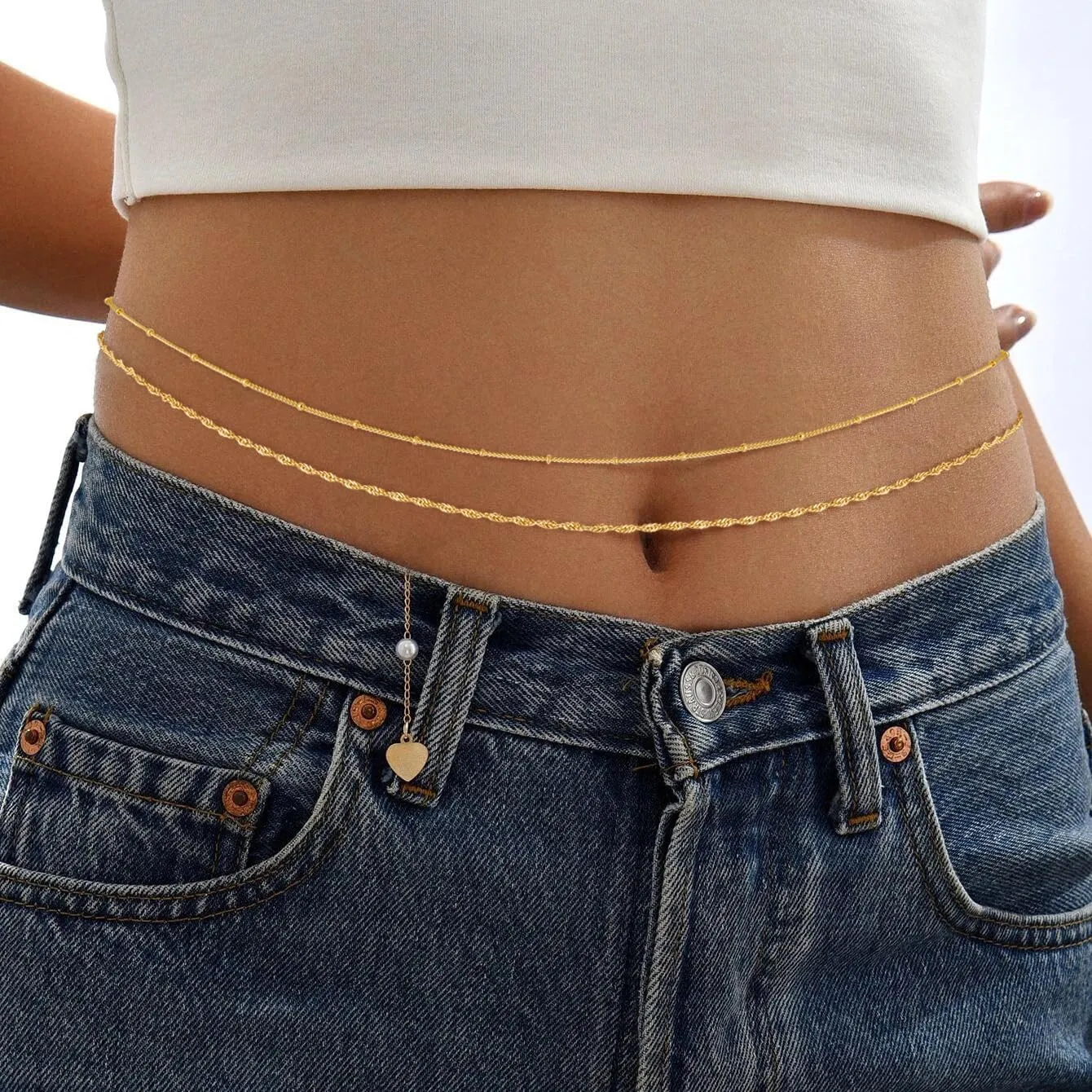 Gold Waist Chain for Women, 14K Gold/Silver Plated Layered Waist Beads Chain Adjustable Pearl Satellite Beads Belly Summer Non Tarnish Body Chain Jewelry Gifts for Women