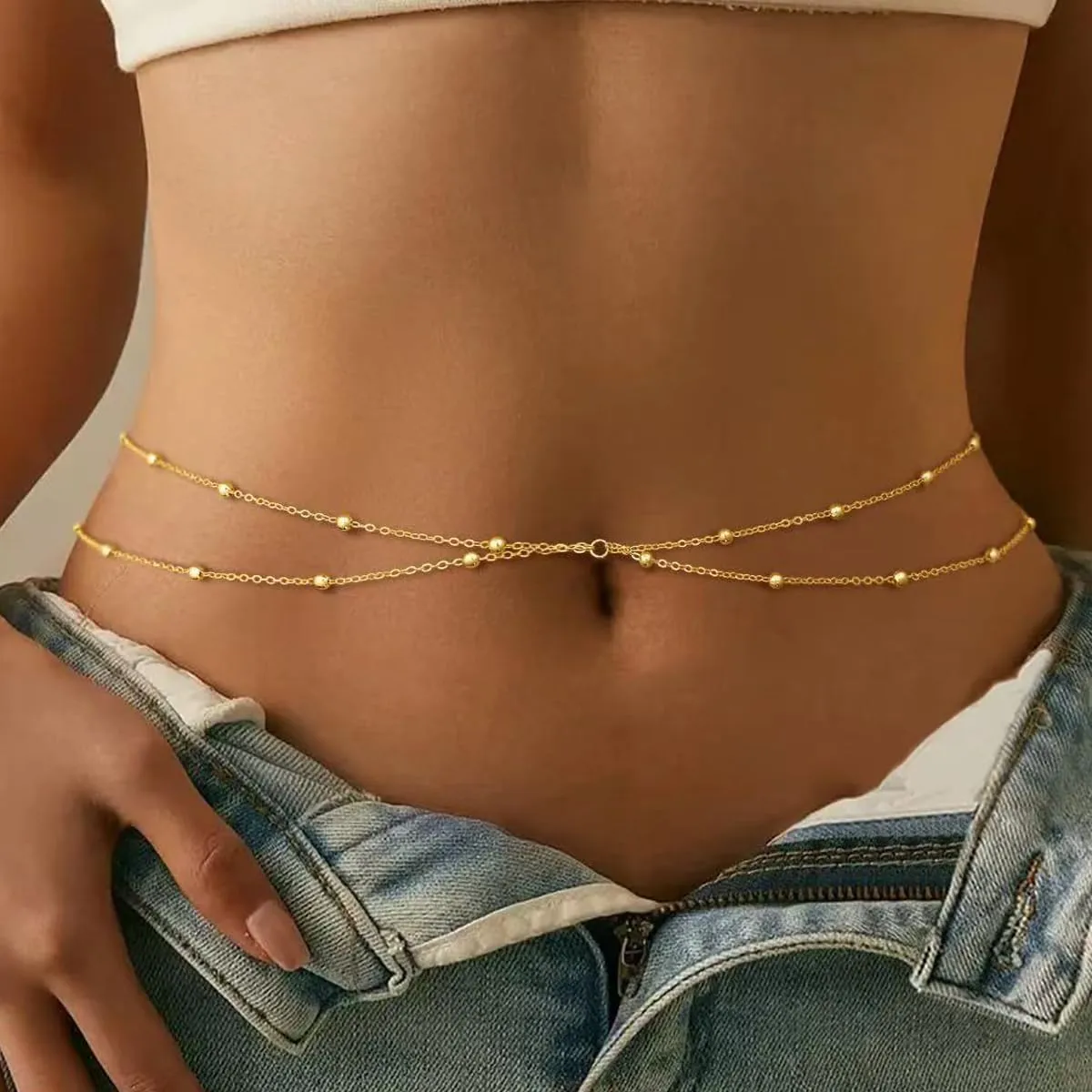 Gold Waist Chain for Women, Gold Cross-layering Copper Beads Belly Chain for The Waist Adjustable Sexy Bikini Chain Summer Women's Body Chains, Jewelry Gifts for Women