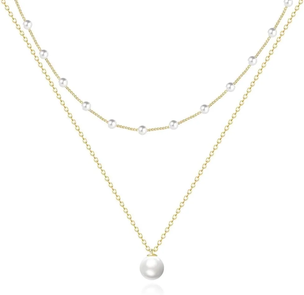 Gold Women's Pearl Necklace, 14K Gold Plated Women's Multi-Layered Pearl Necklace, Fashion Simple Herringbone Chain, Women's Jewelry Present