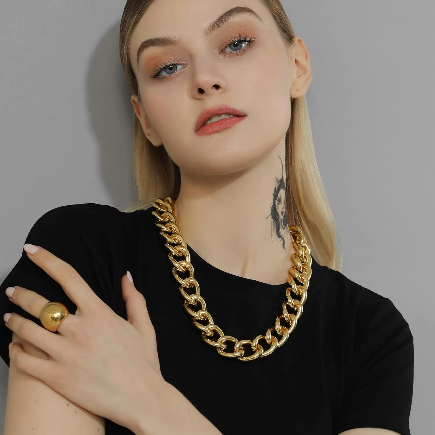 GOLDCHIC JEWELRY Chunky Chokers Gold Chain Necklace for Women, 5mm/12mm/23mm Hip Hop Turnover Cuban Chain Necklace, Thick Link Choker Chain Necklaces 161820 22''(Gift Box)