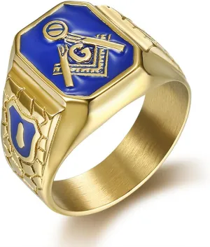 Golden Carved Masonic Blue G Lodge Signet Ring for Men,Titanium Stainless Steel 14K Gold Plated Freemason Master Mason Religious Cool Ring Statement Biker Costume Jewelry