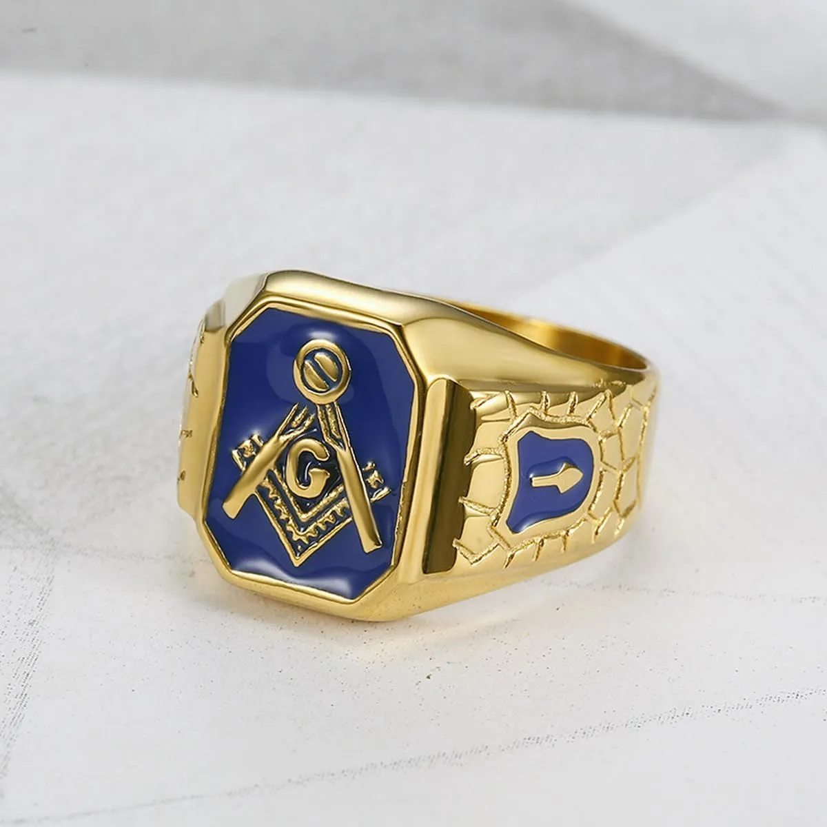 Golden Carved Masonic Blue G Lodge Signet Ring for Men,Titanium Stainless Steel 14K Gold Plated Freemason Master Mason Religious Cool Ring Statement Biker Costume Jewelry