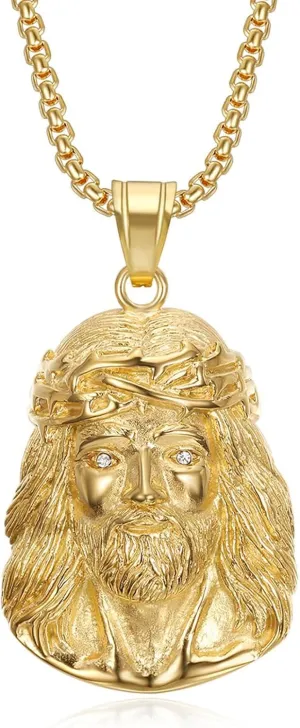 Gorgeous Stainless Steel Jesus Pendant Necklace with Cubic Zirconia Eyes - Religious Jewelry for Both Men and Women(Gold)