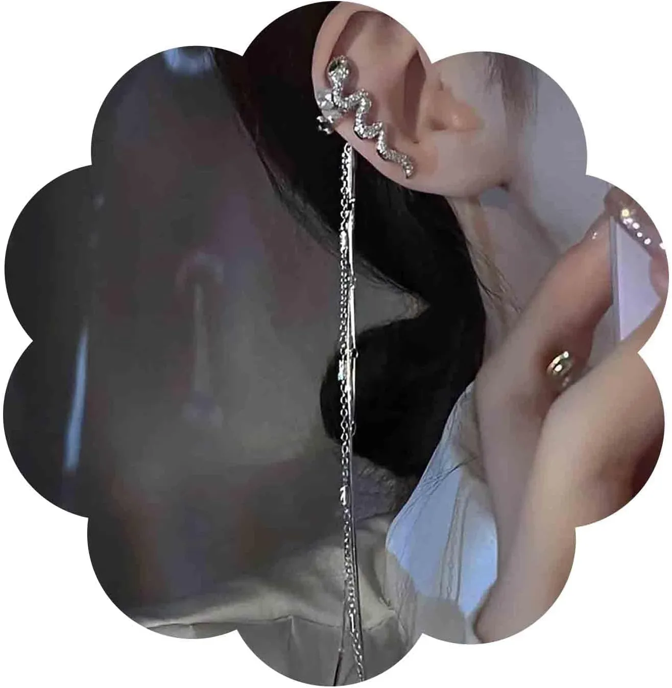 Gothic Emerald Snake Ear Cuff Earrings Crystal Snake Cuff Wrap Earrings Long Chain Tassel Cuff Earrings Snake Chain Crawler Cuff Earrings Silver Snake Cartilage Cuff Earrings Jewelry