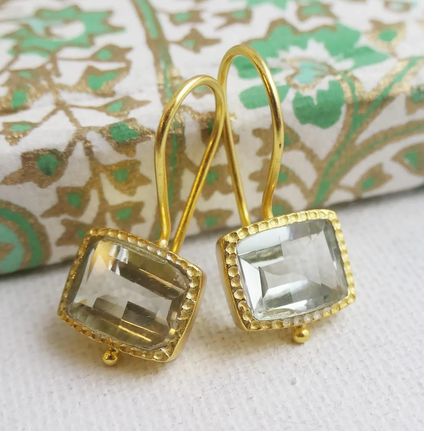 Green Amethyst Gold Plated Sterling Silver Drop Earrings - Handmade Jewelry Gift Ideas for Women - Natural Gem Gemstone - Birthday Valentine's Mother's Day Gift (prasiolite-quartz)