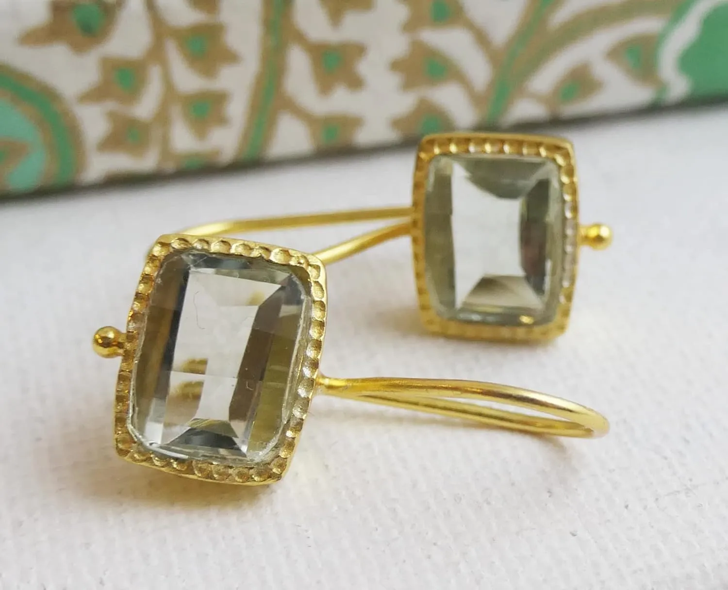 Green Amethyst Gold Plated Sterling Silver Drop Earrings - Handmade Jewelry Gift Ideas for Women - Natural Gem Gemstone - Birthday Valentine's Mother's Day Gift (prasiolite-quartz)
