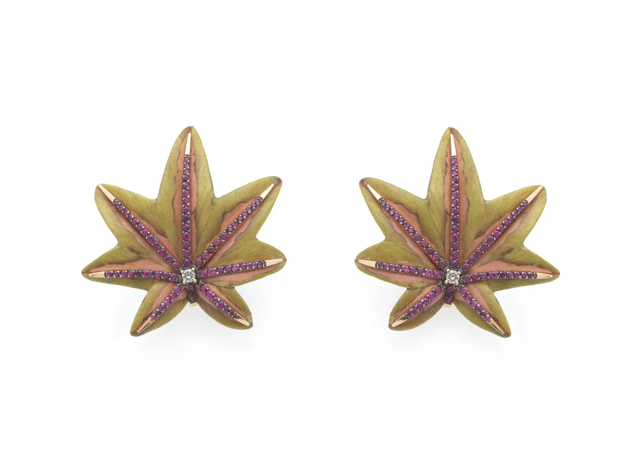 Green and Pink Wooden Acer Leaf Earrings