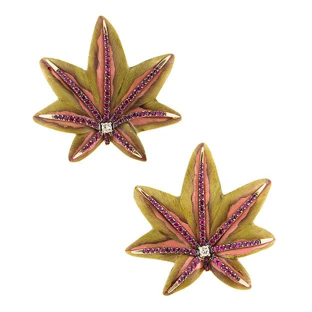 Green and Pink Wooden Acer Leaf Earrings