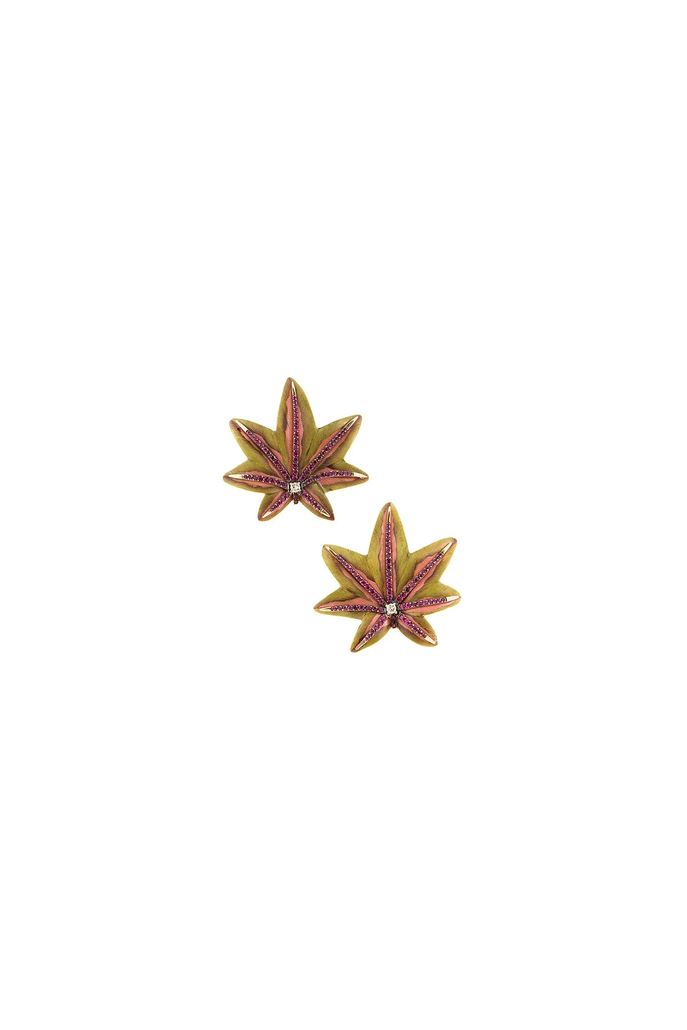 Green and Pink Wooden Acer Leaf Earrings