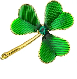 Green Enamel Clover Flower Brooch Pin for Women Unisex Gold Tone Fashion Rhinestone Textured Shamrock Heart Leaf Brooches Lapel Pins Lucky Dress Accessories St Patrick's Day Holiday