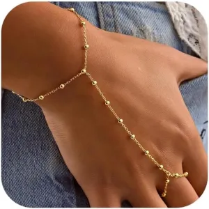 Hand Chain Bracelet for Women Trendy, Dainty Gold Beaded Ring Hand Chain Cubic Zirconia Finger Bracelet 14K Gold Plated Hand Chains Cross Bracelet for Women Simple Body Jewelry Mothers Day Gift
