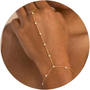 Hand Chain Bracelet for Women Trendy, Dainty Gold Beaded Ring Hand Chain Cubic Zirconia Finger Bracelet 14K Gold Plated Hand Chains Cross Bracelet for Women Simple Body Jewelry Mothers Day Gift