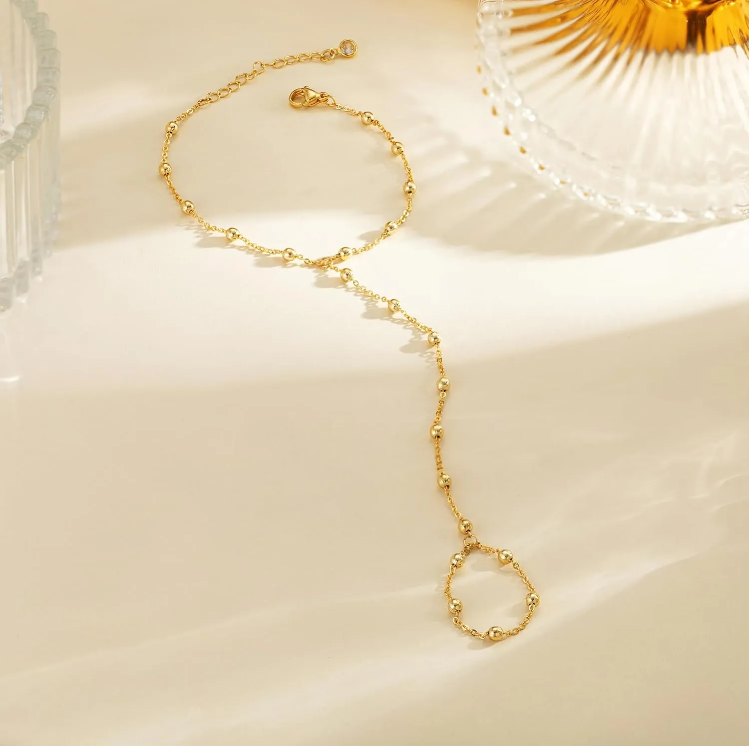Hand Chain Bracelet for Women Trendy, Dainty Gold Beaded Ring Hand Chain Cubic Zirconia Finger Bracelet 14K Gold Plated Hand Chains Cross Bracelet for Women Simple Body Jewelry Mothers Day Gift