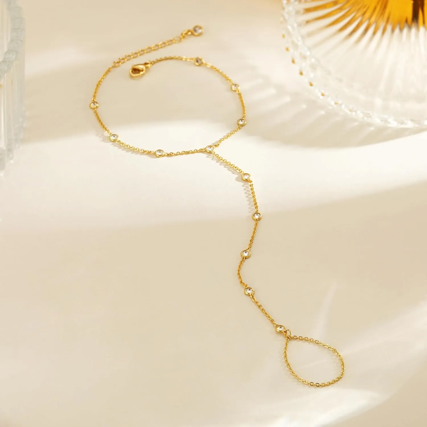 Hand Chain Bracelet for Women Trendy, Dainty Gold Beaded Ring Hand Chain Cubic Zirconia Finger Bracelet 14K Gold Plated Hand Chains Cross Bracelet for Women Simple Body Jewelry Mothers Day Gift