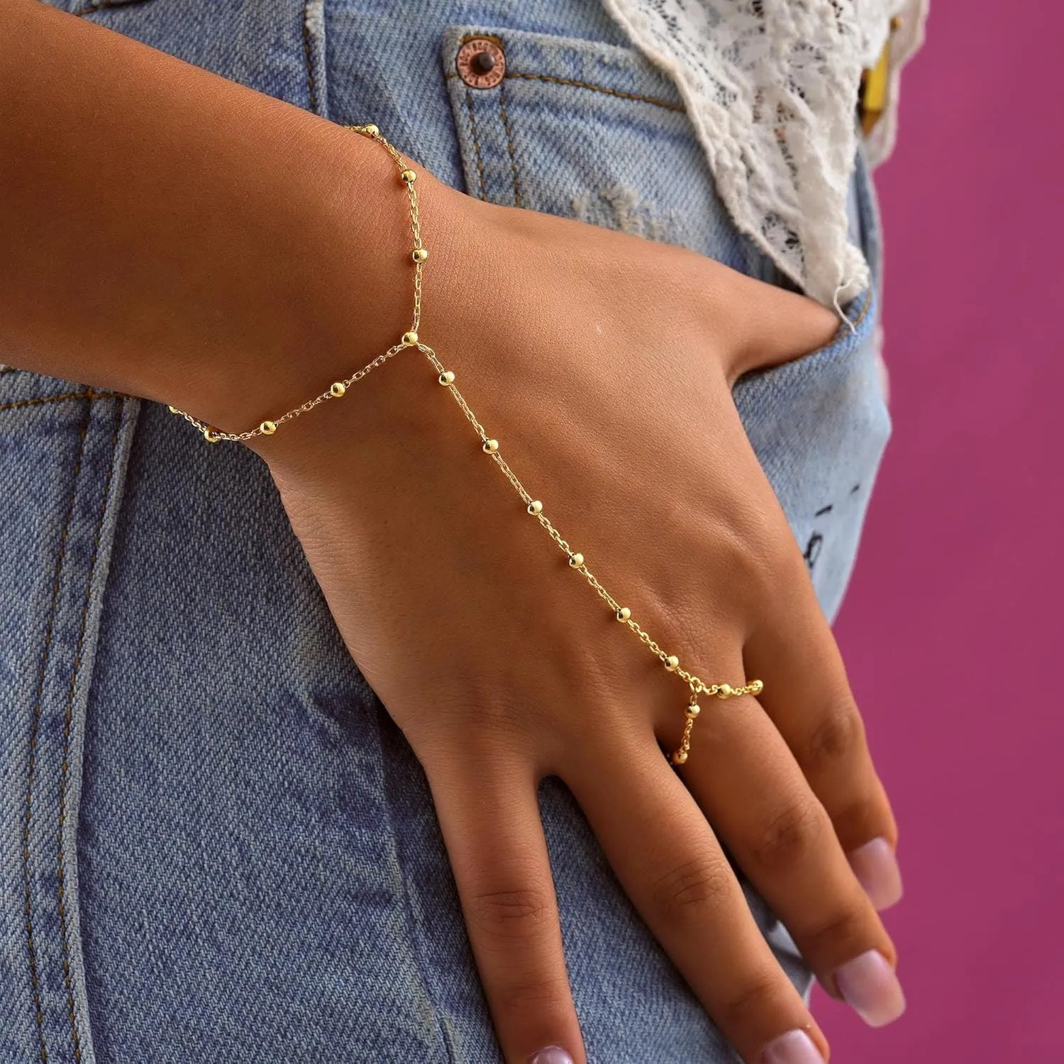 Hand Chain Bracelet for Women Trendy, Dainty Gold Beaded Ring Hand Chain Cubic Zirconia Finger Bracelet 14K Gold Plated Hand Chains Cross Bracelet for Women Simple Body Jewelry Mothers Day Gift