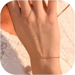Hand Chain Gold Bracelets for Women Dainty Gold Plated Finger Ring Zircon Adjustable Hand Chain Jewelry for Women Trendy Bracelets for Women Trendy Gold Hand Chain
