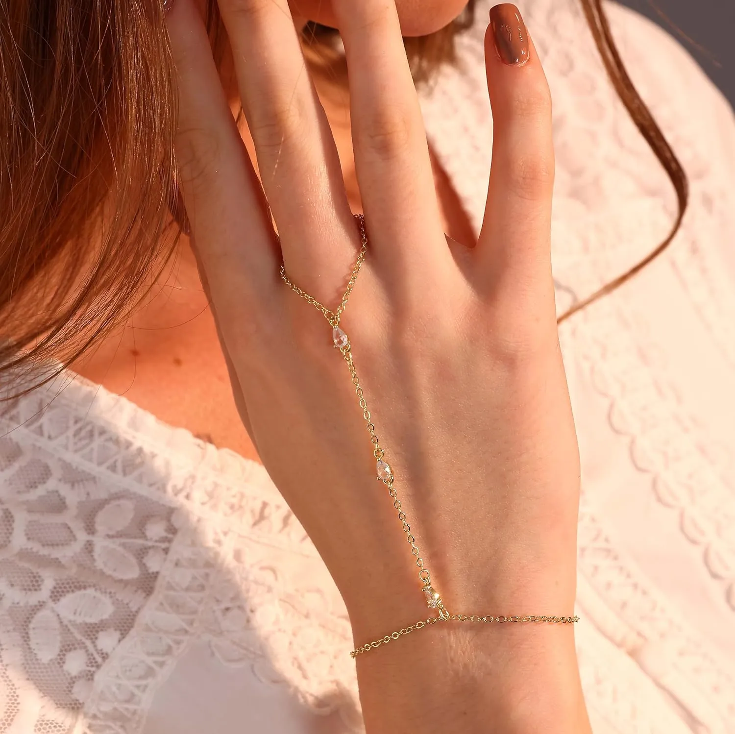 Hand Chain Gold Bracelets for Women Dainty Gold Plated Finger Ring Zircon Adjustable Hand Chain Jewelry for Women Trendy Bracelets for Women Trendy Gold Hand Chain