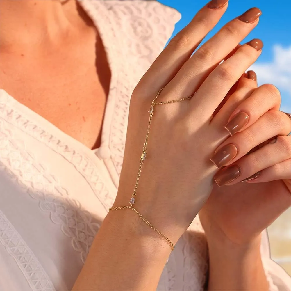 Hand Chain Gold Bracelets for Women Dainty Gold Plated Finger Ring Zircon Adjustable Hand Chain Jewelry for Women Trendy Bracelets for Women Trendy Gold Hand Chain