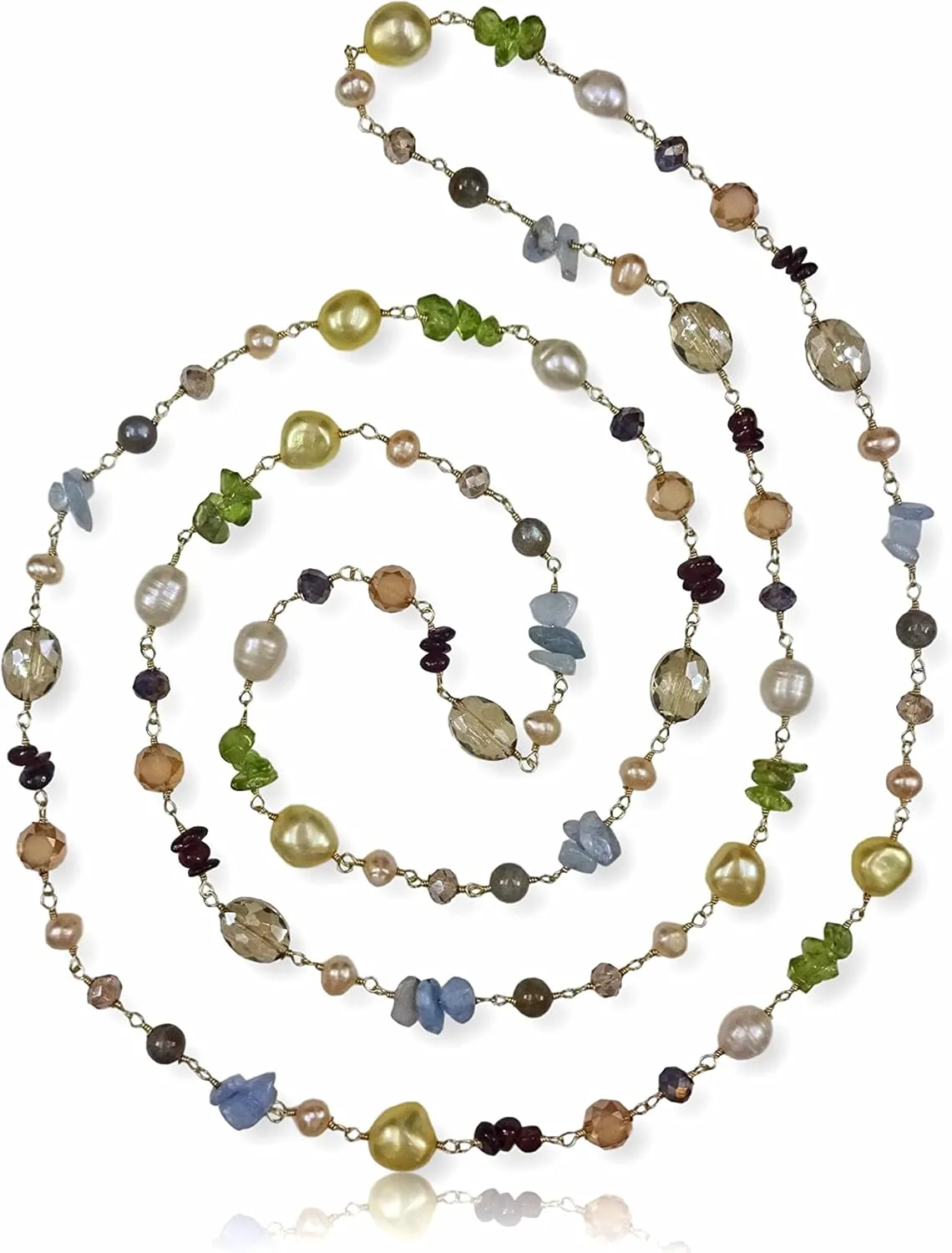 Hand Crafted Wire Wrapped Multi-Shape Multi-Color Gemstone Cultured Freshwater Pearl Wire Beaded Chain Station Necklace, About 45 Long.