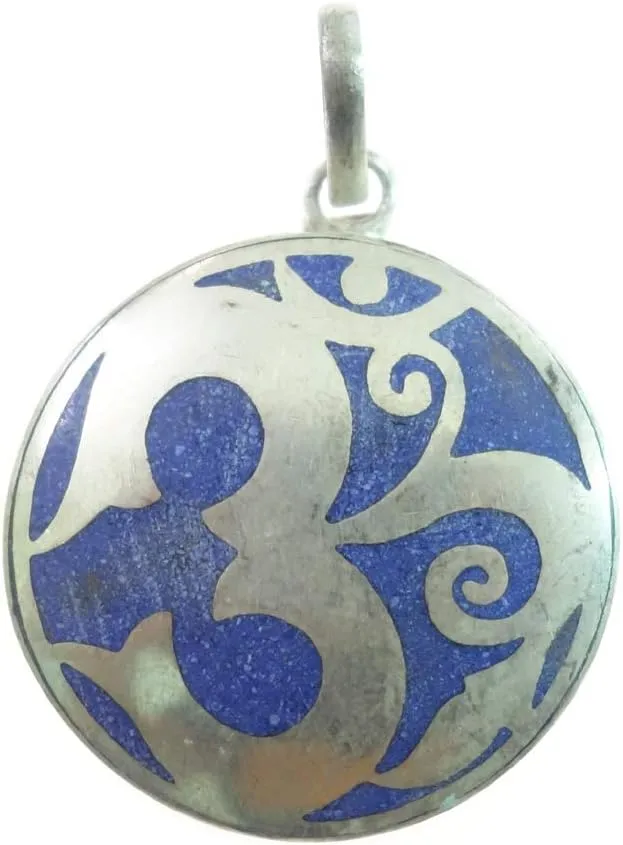 Handmade Om Pendant with Natural Gemstone Inlay 925 Sterling Silver Plated Spiritual Peace and Harmony Jewelry for Women and Men