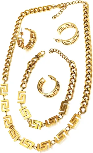 Handmade Vintage Yellow Gold Jewelry Greek Key Meander Real 18kt GOLD Vermeil Necklace Pendant Earring Bracelet Ring SET Grad Graduation gift for Her Daughter Girlfriend Birthday present SUCCESS LUCK