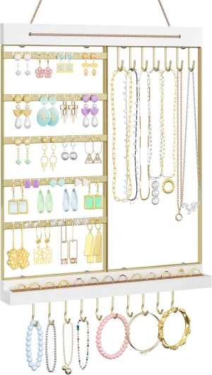 Hanging Jewelry Organizers and Storage, 5-Tier Earring Holder Over the Door for Ring & Necklace, Jewelry Rack Wall Mounted for Women, Bracelets and Rings Shelf, Gold