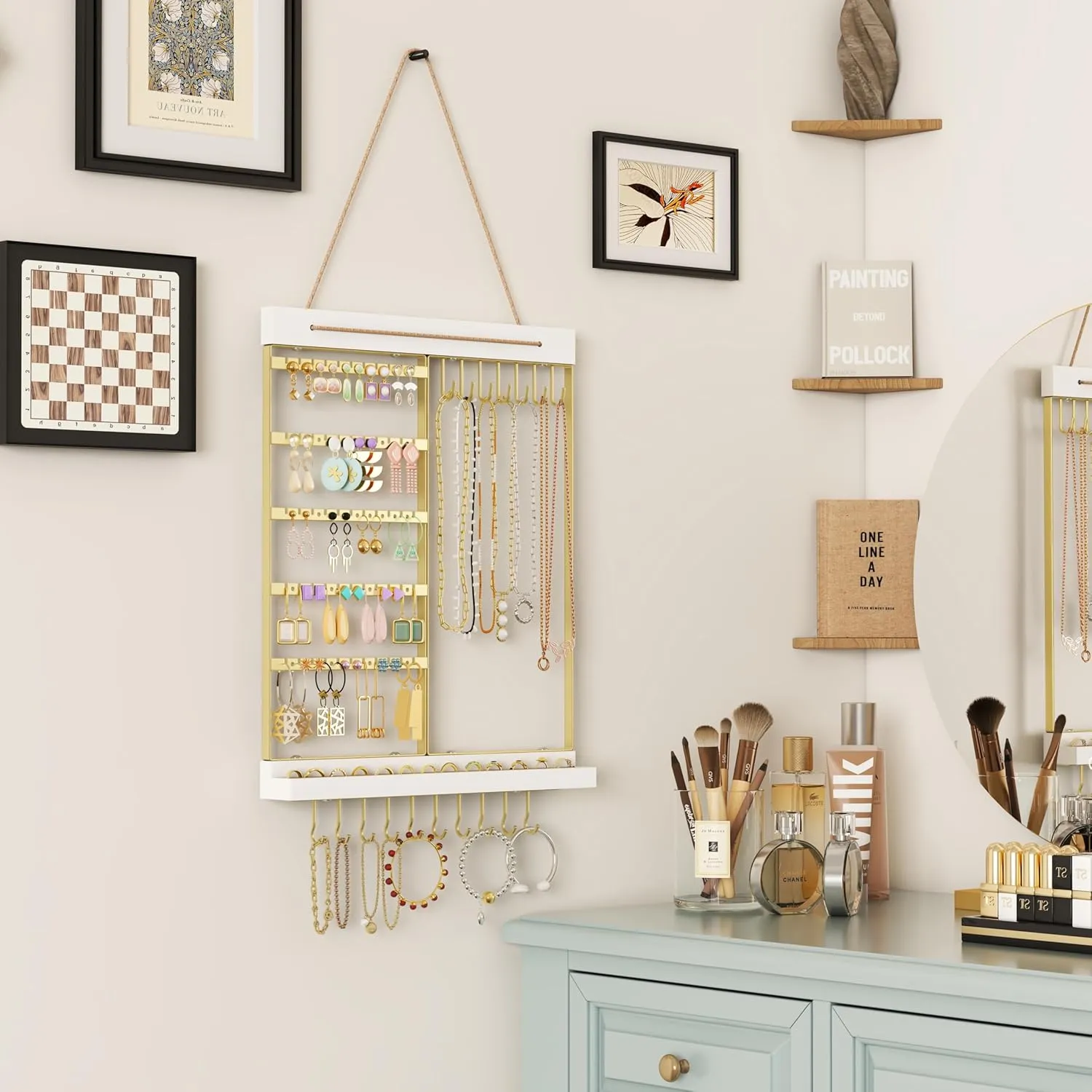 Hanging Jewelry Organizers and Storage, 5-Tier Earring Holder Over the Door for Ring & Necklace, Jewelry Rack Wall Mounted for Women, Bracelets and Rings Shelf, Gold