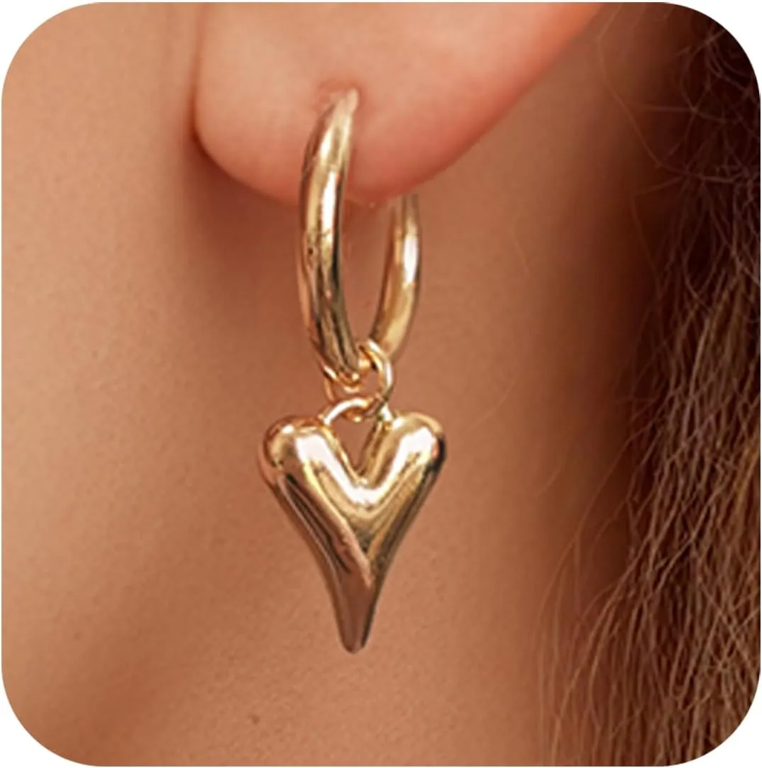 Heart Dangle Earrings 14K Gold Plated Lightweight Heart Drop Earring Dangling Hoop Earrings for Women Fashion Trendy Jewelry