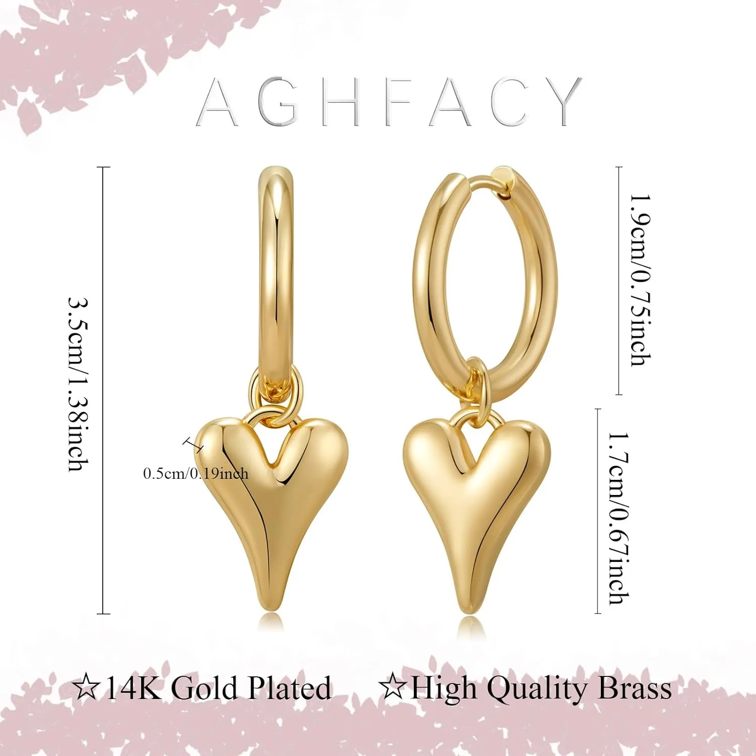 Heart Dangle Earrings 14K Gold Plated Lightweight Heart Drop Earring Dangling Hoop Earrings for Women Fashion Trendy Jewelry