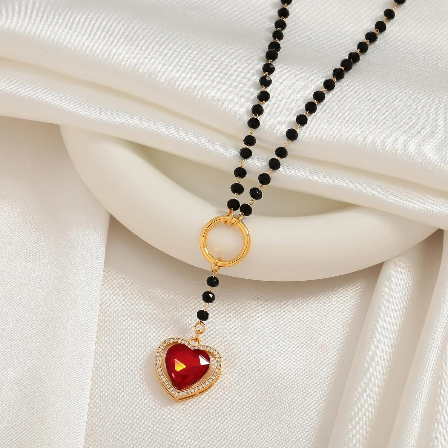 Heart Y-Necklace for Women Cross Necklace | Gothic Crystal Heart Pendant Necklace Rosary Beads Y-Shaped Necklace Beaded Chain Necklace for Women