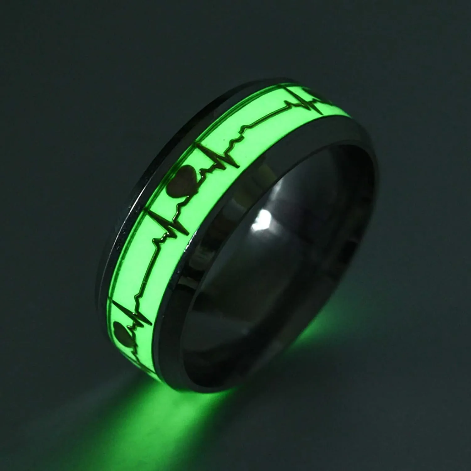 Heartbeat Luminous Ring Couple Glow in The Dark Stainless Steel Wedding Band Engagement Promise Ring for Men Women