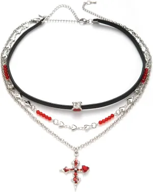 HETICA Cross Layered Necklace Heart Necklace Punk Choker Bohemian Style Jewelry Fashion Cross Pendant Statement Chain Necklace Jewelry