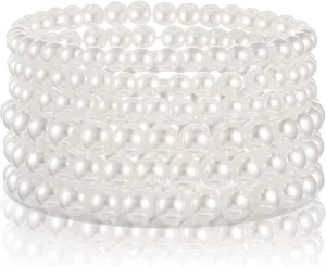 Hicarer 6 Pieces Faux Pearl Bracelet Set Stretch Bracelets Bridal Dancing Party Jewelry for Women Girls