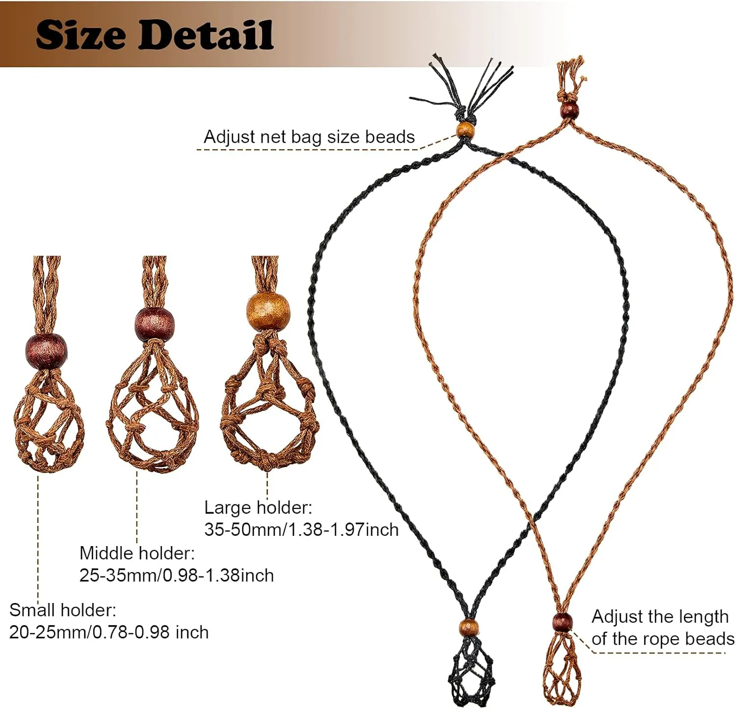 Hicarer 6 Pieces Necklace Cord Empty Stone Holder Empty Necklace Holder Quartz Crystal Stone Cord, 3 Sizes Adjustable Cage Fish Netted for DIY Jewelry Making(Black,Brown)