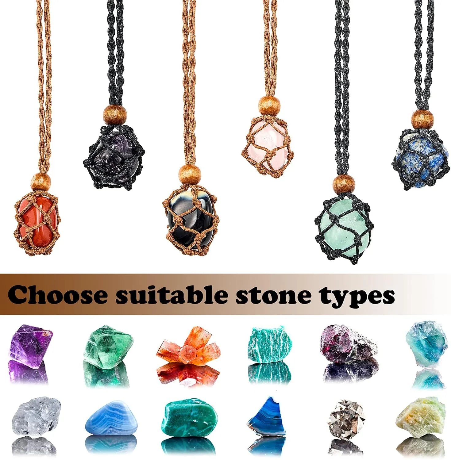 Hicarer 6 Pieces Necklace Cord Empty Stone Holder Empty Necklace Holder Quartz Crystal Stone Cord, 3 Sizes Adjustable Cage Fish Netted for DIY Jewelry Making(Black,Brown)