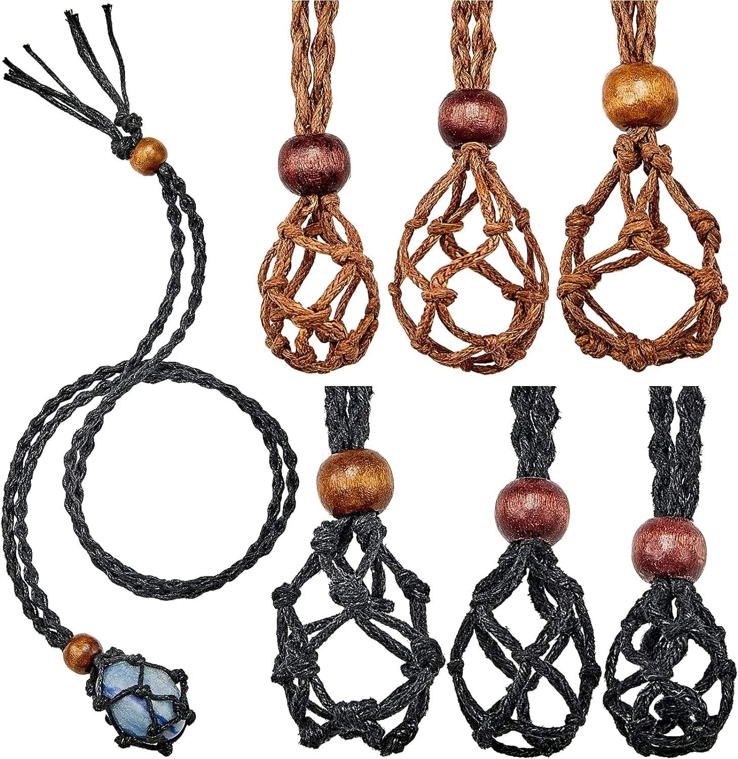 Hicarer 6 Pieces Necklace Cord Empty Stone Holder Empty Necklace Holder Quartz Crystal Stone Cord, 3 Sizes Adjustable Cage Fish Netted for DIY Jewelry Making(Black,Brown)