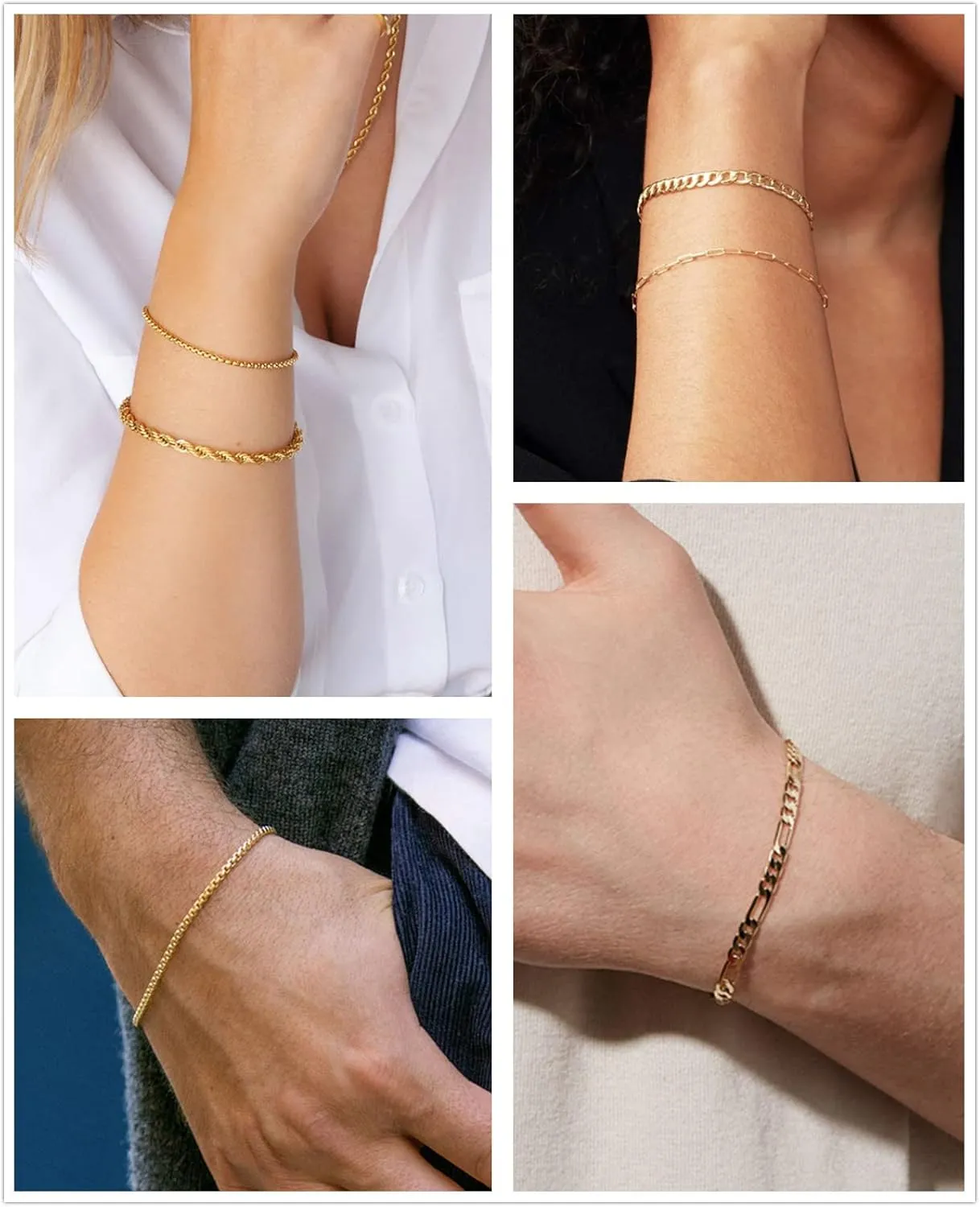Honsny 6PCS Stainless Steel Bracelets for Women Men,14K Gold Plated Cuban Link Paperclip Chain Bracelet Dainty 6.3/7/7.8/9.5 Inch Stainless Steel Bracelet Set Fashion Jewelry