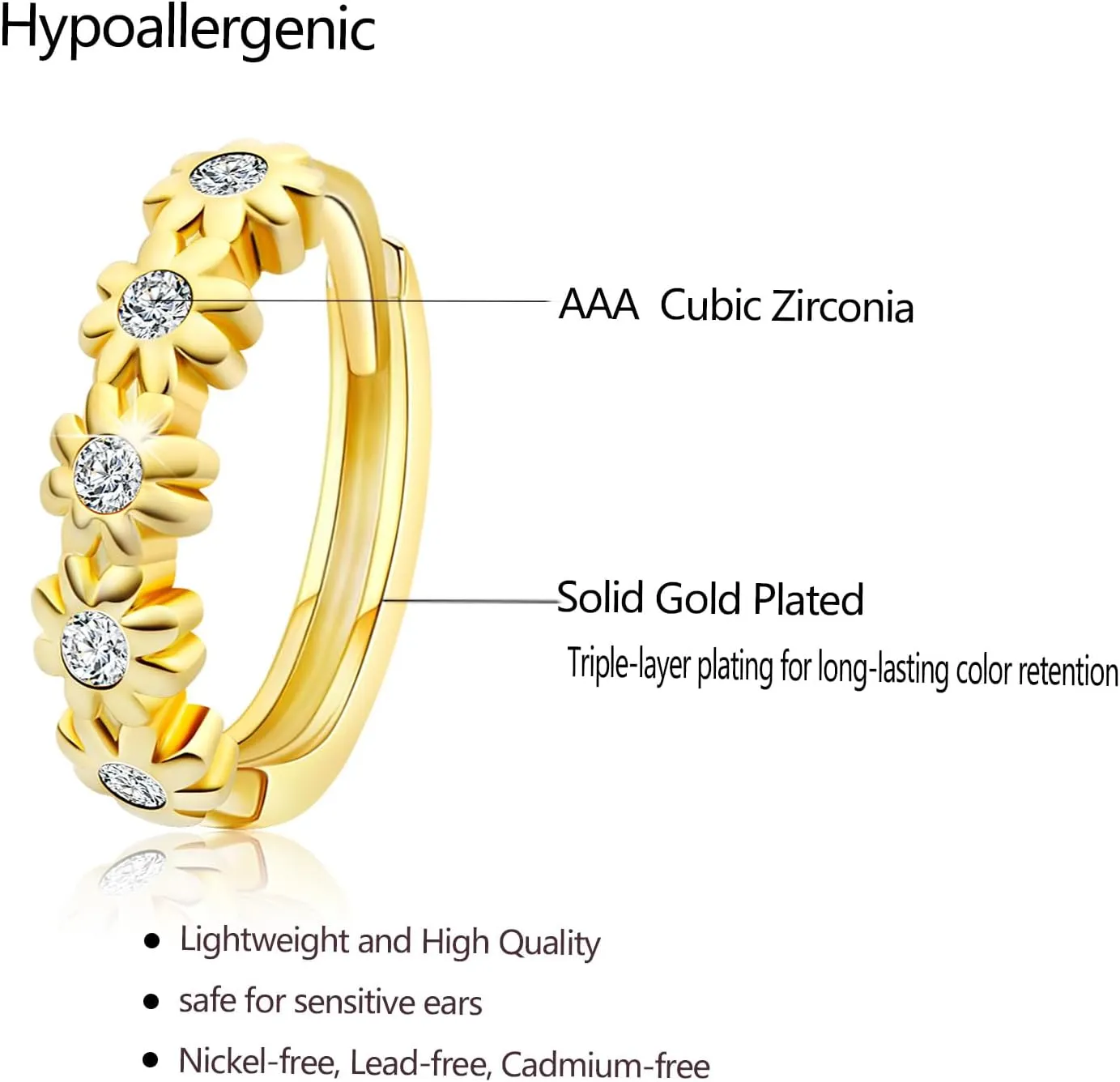 Huggie Earrings for Women Hypoallergenic Earrings for Girls Mini 14K Yellow Gold Plated Toddler Kids Cubic Zirconia Daisy Flower Small Hoop Earrings