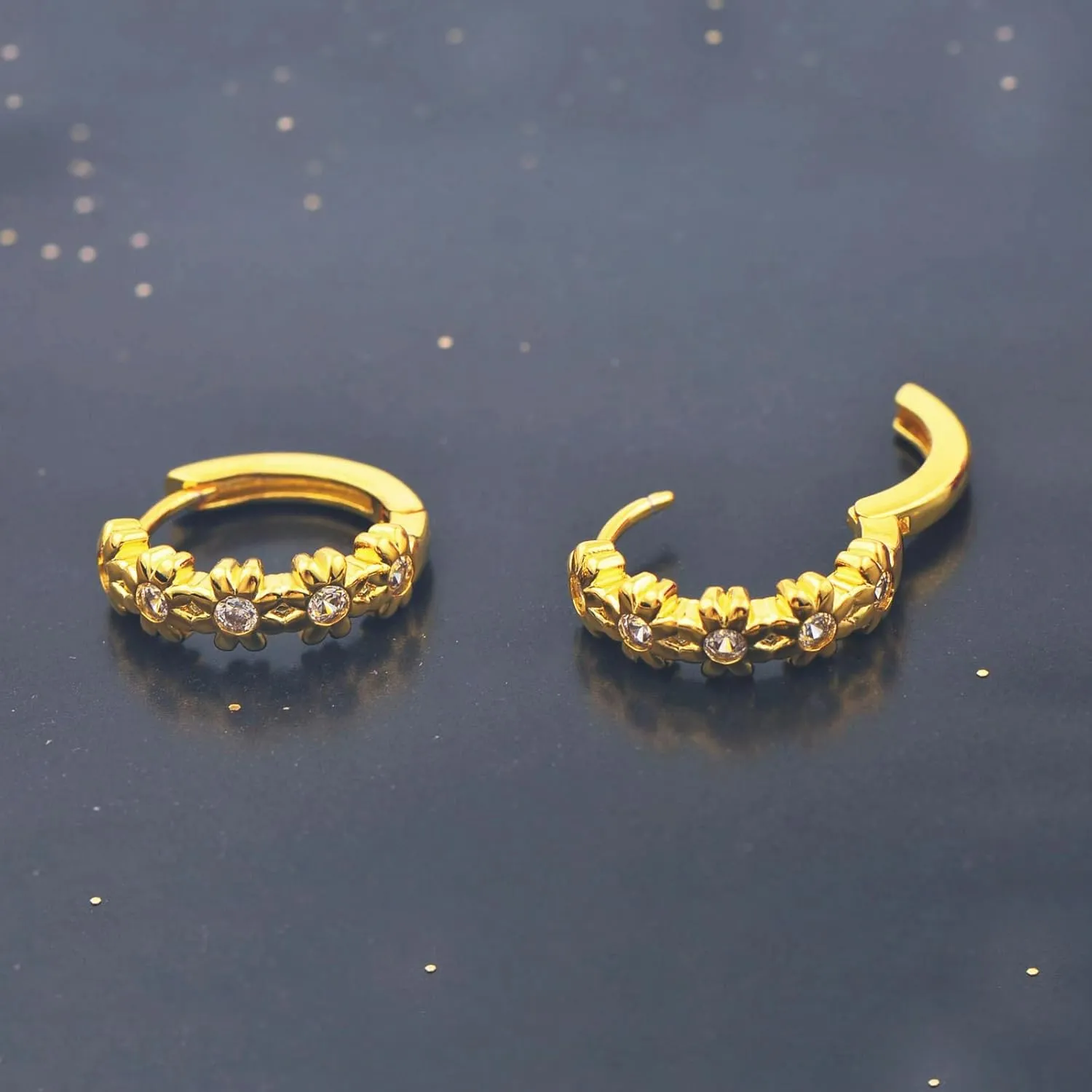 Huggie Earrings for Women Hypoallergenic Earrings for Girls Mini 14K Yellow Gold Plated Toddler Kids Cubic Zirconia Daisy Flower Small Hoop Earrings